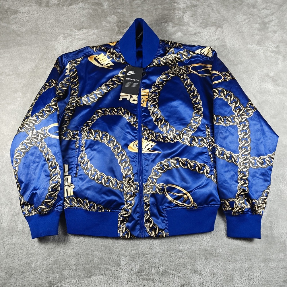 Nike Bomber Jacket Womens Small Blue Gold Chain Link AOP Full Zip CI9996 455 New